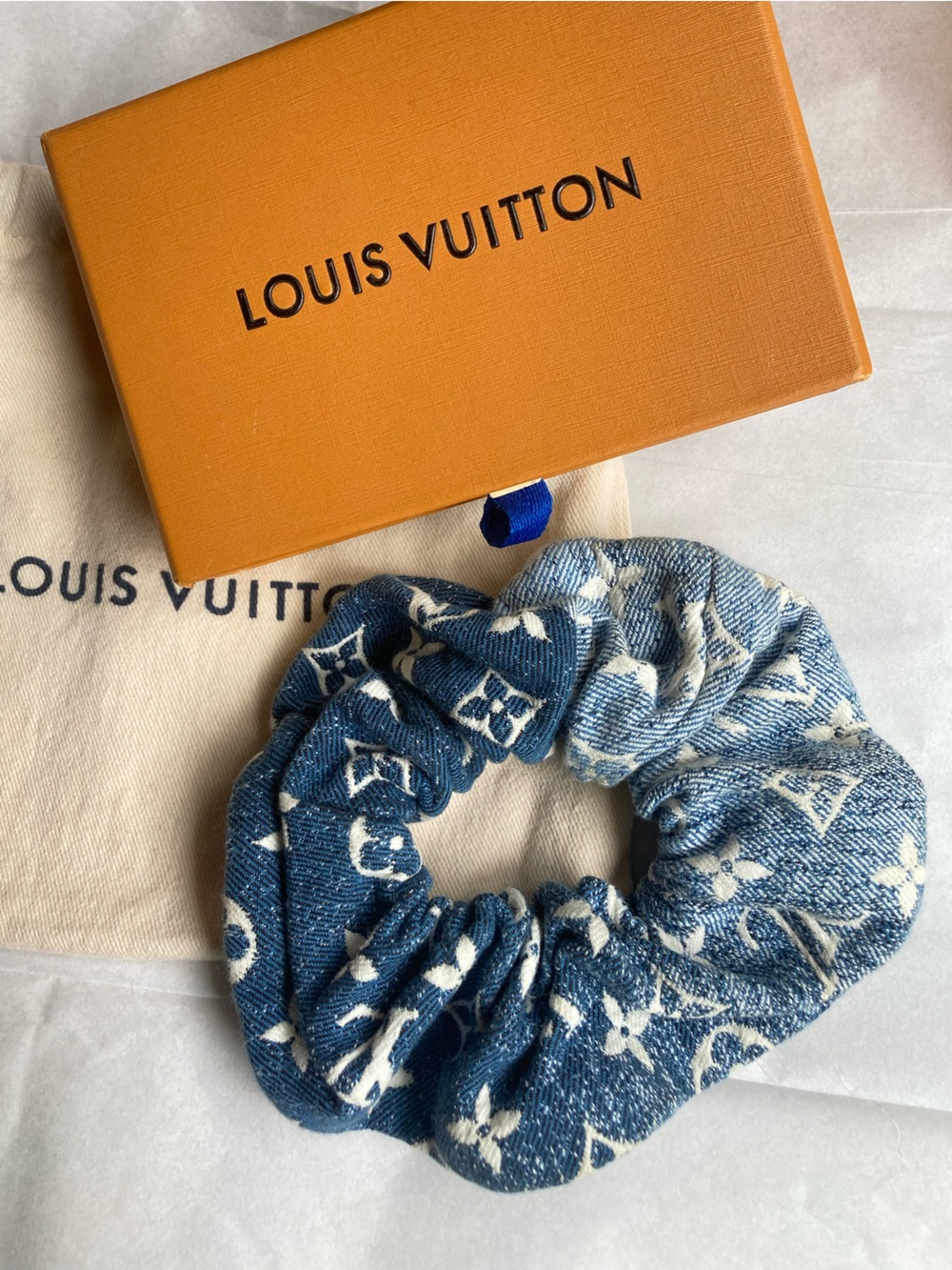 Louis Vuitton Denim Monogram Scrunchie in Blue and White
